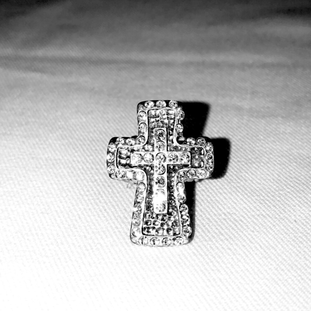 Pave Cz Silver Cross Ring Adjustable New Fits Size 5 ~ 9 1 1/4” X 3/4” Cross